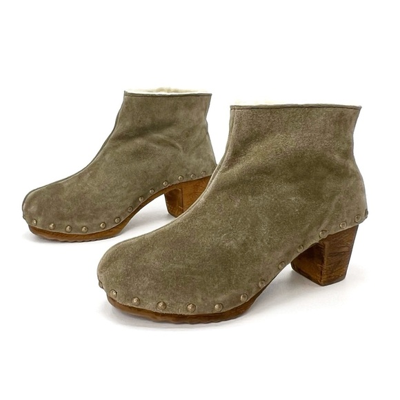 Bosabo Ankle Boots Sage Green Suede Upper Wooden Sole Size 8 Shearling lined EUC - Picture 14 of 14